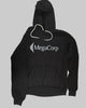Black hoodie with 'MegaCorp' logo