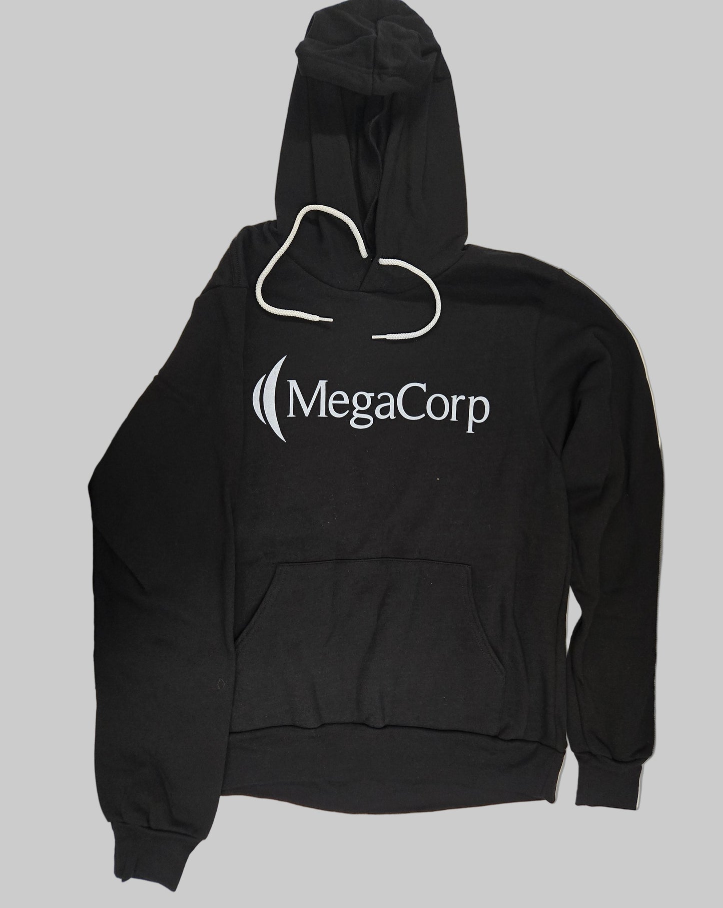 Black hoodie with 'MegaCorp' logo