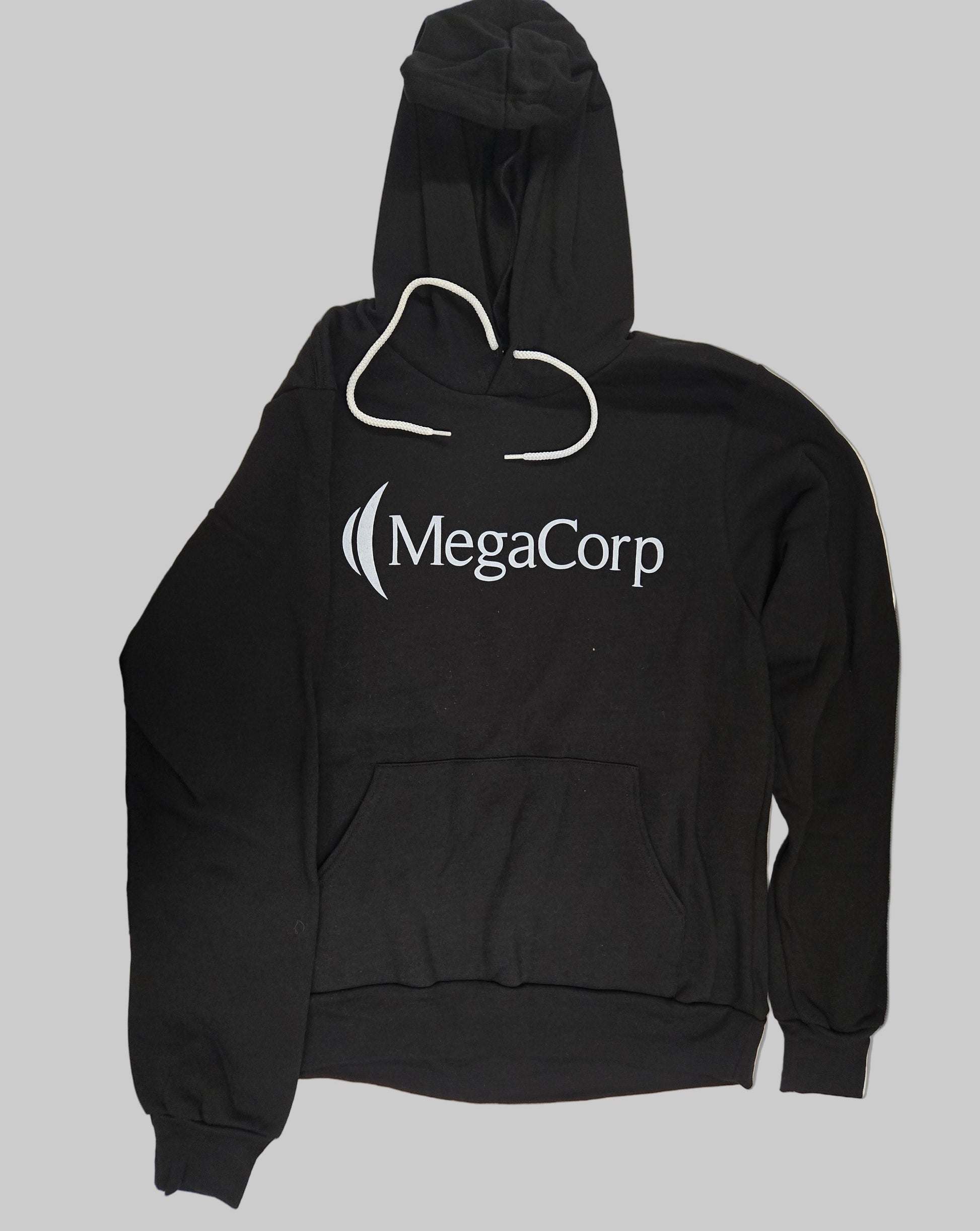 Black hoodie with 'MegaCorp' logo