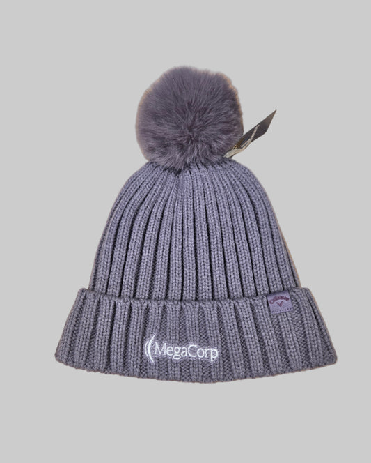 Gray knit beanie with pom-pom on a wooden surface, featuring the MegaCorp logo.