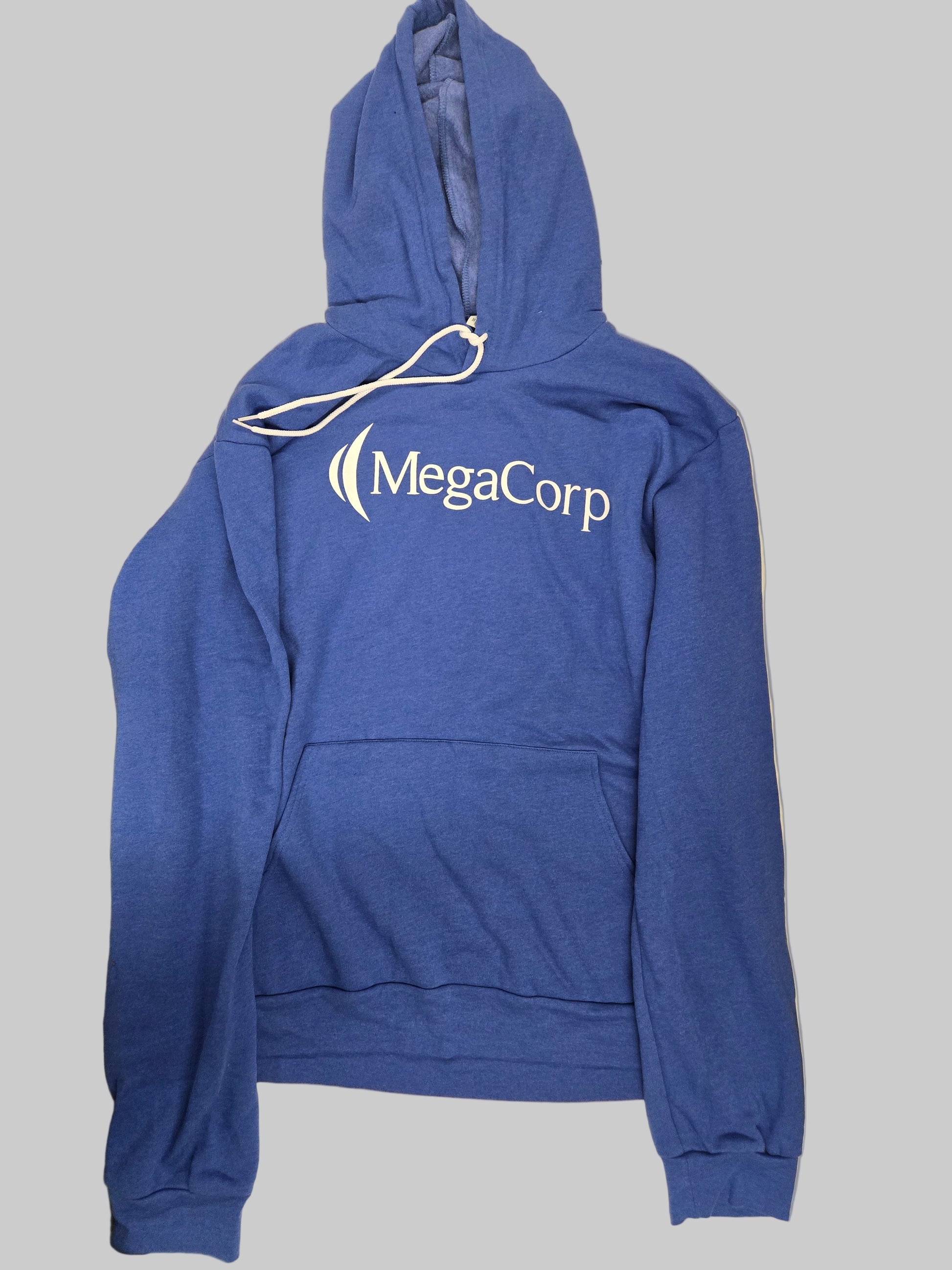 Blue hoodie with 'MegaCorp' logo
