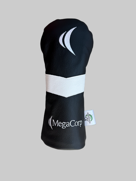 Black golf club head cover with white accents and 'MegaCorp' branding on a gray background