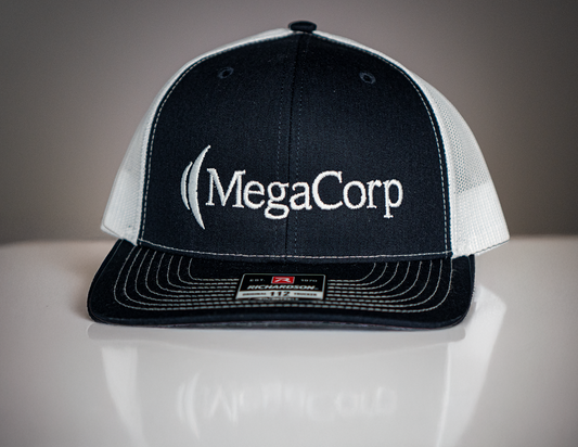 Navy Blue and White MegaCorp Trucker Hat
