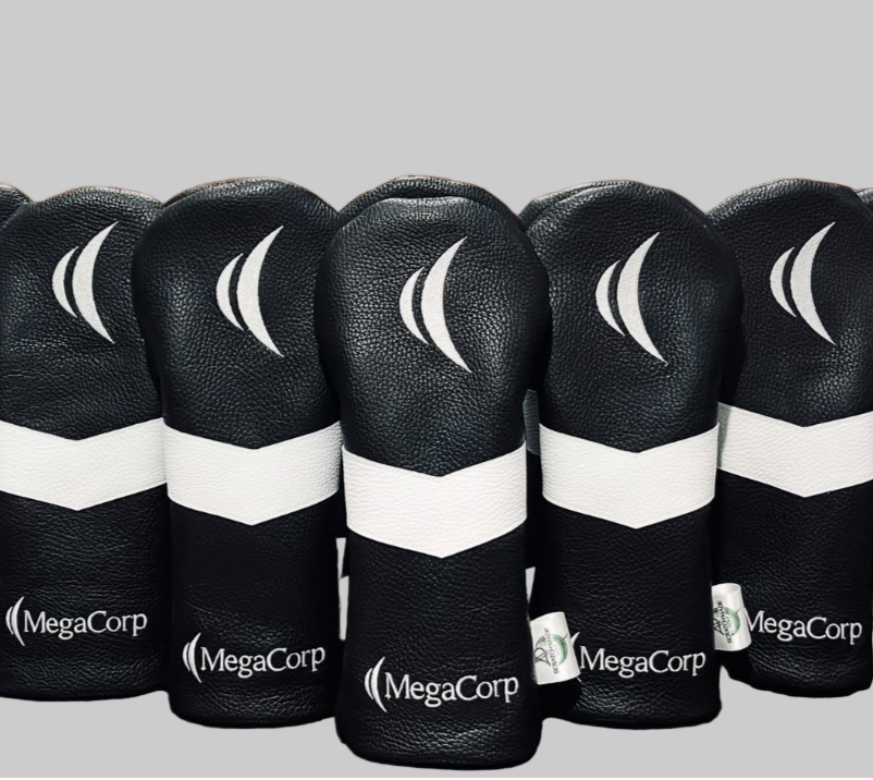 Black golf club heads with white accents and 'MegaCorp' branding on a gray background