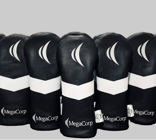 Black golf club heads with white accents and 'MegaCorp' branding on a gray background